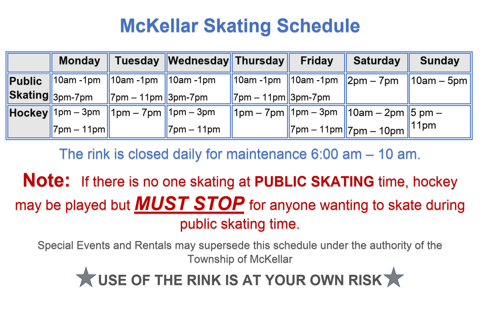 ICE RINK SCHEDULE