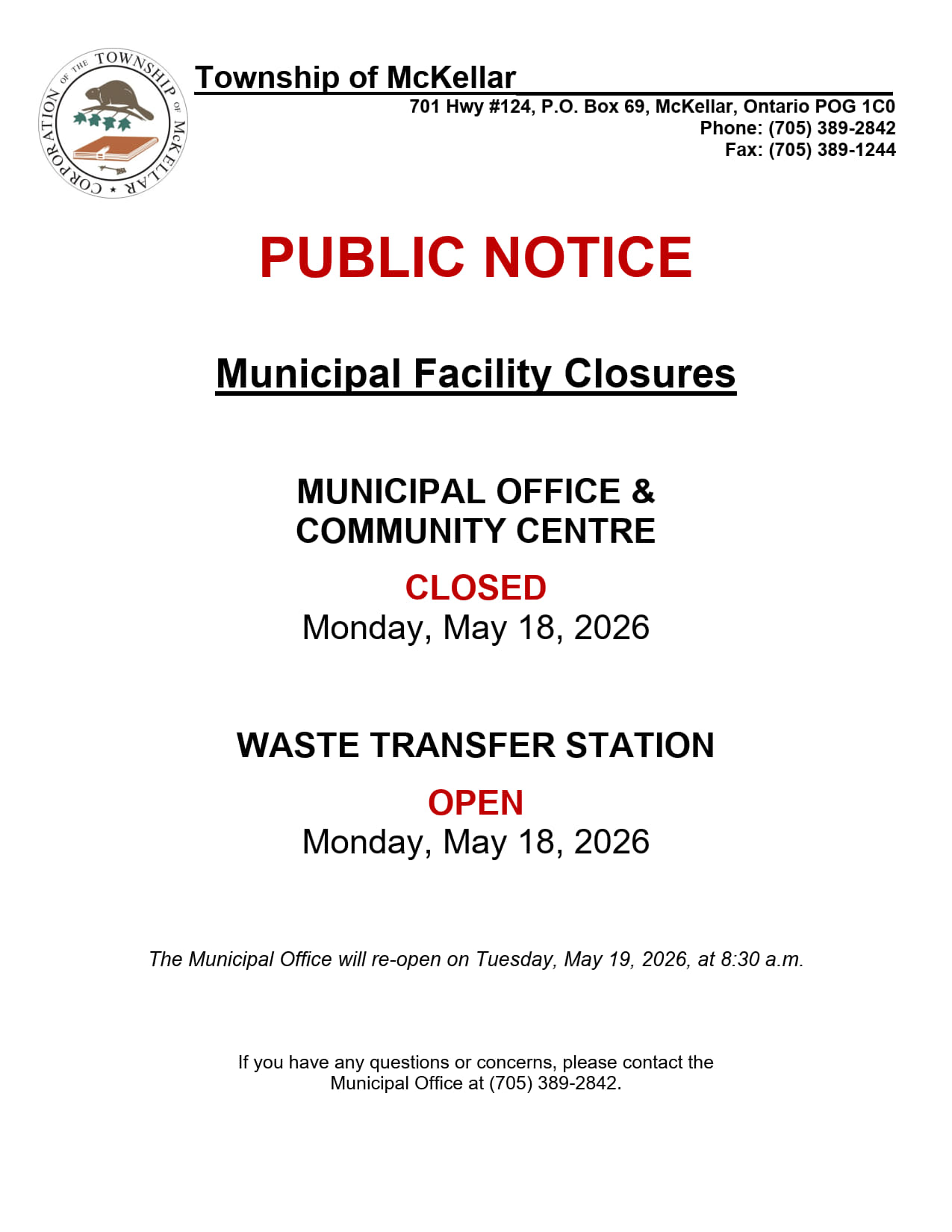 Municipal office closure