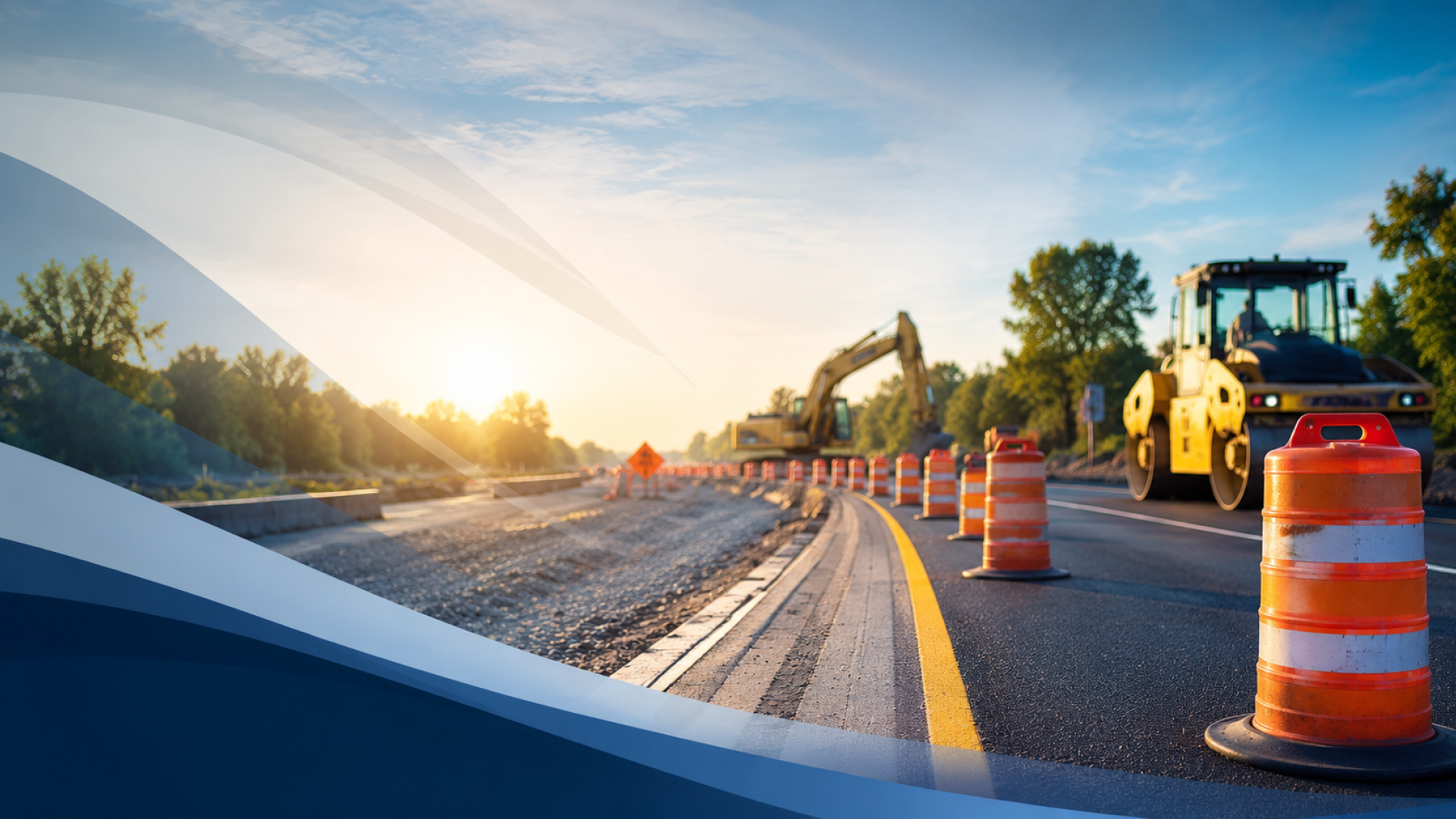 Construction zone at sunrise with curves