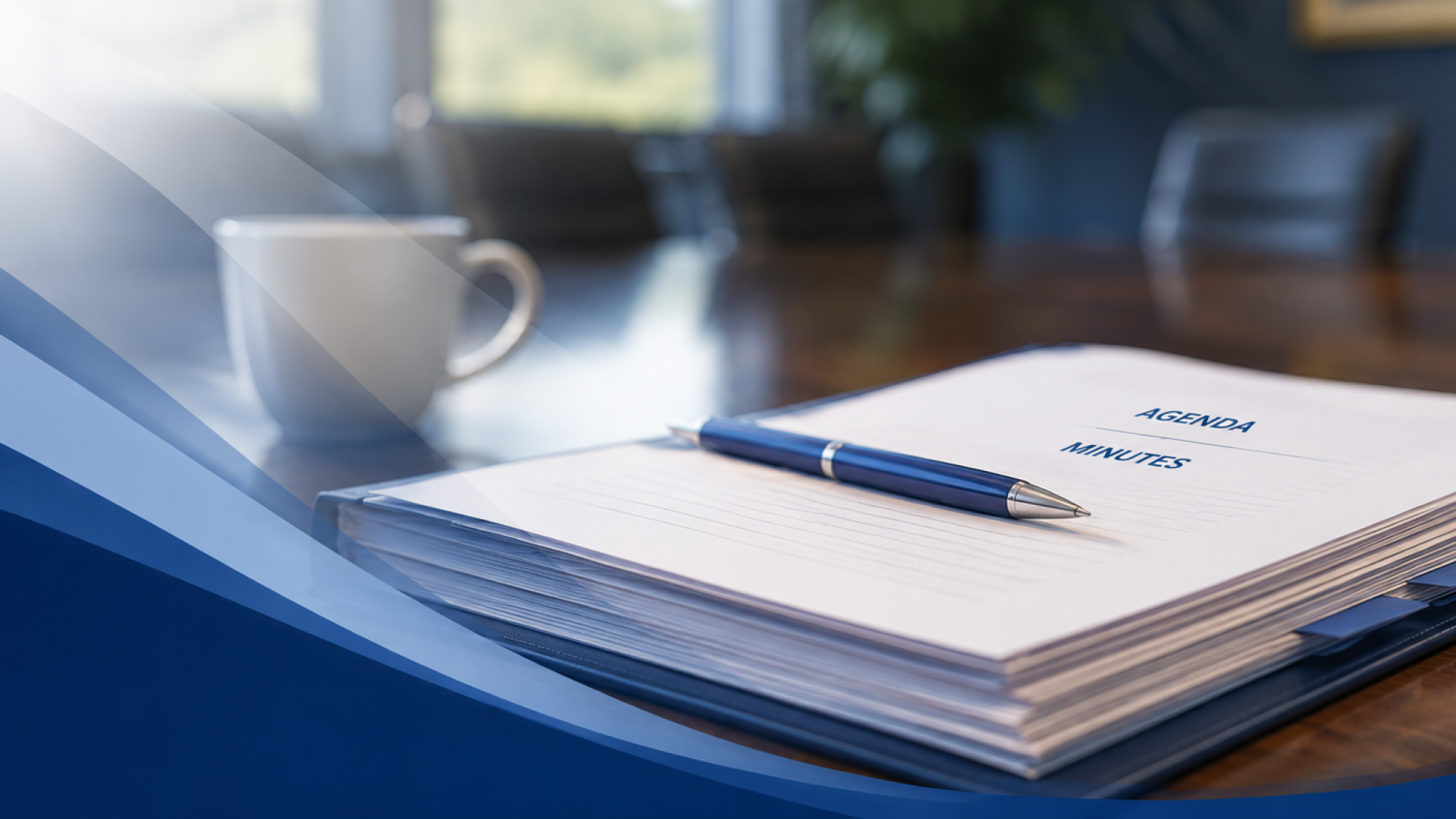 Corporate boardroom focus with agenda details