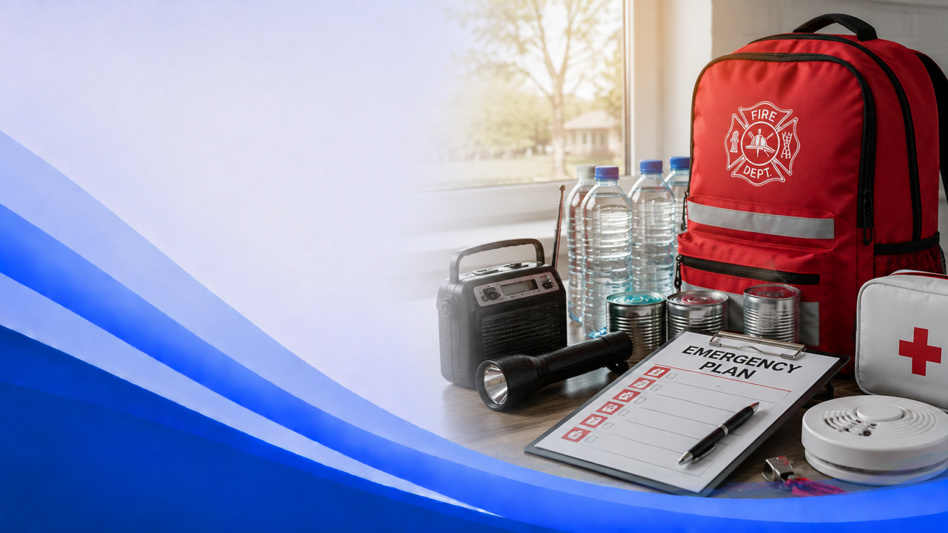 Emergency prep essentials on a tabletop