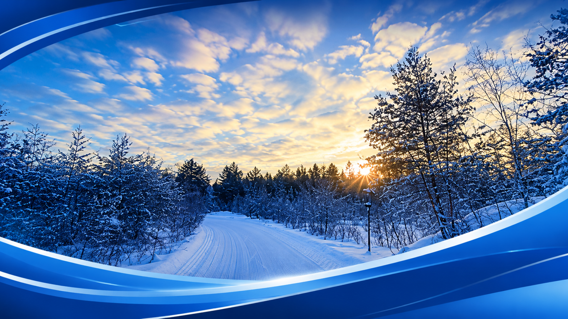 Snowy winter road framed in blue waves