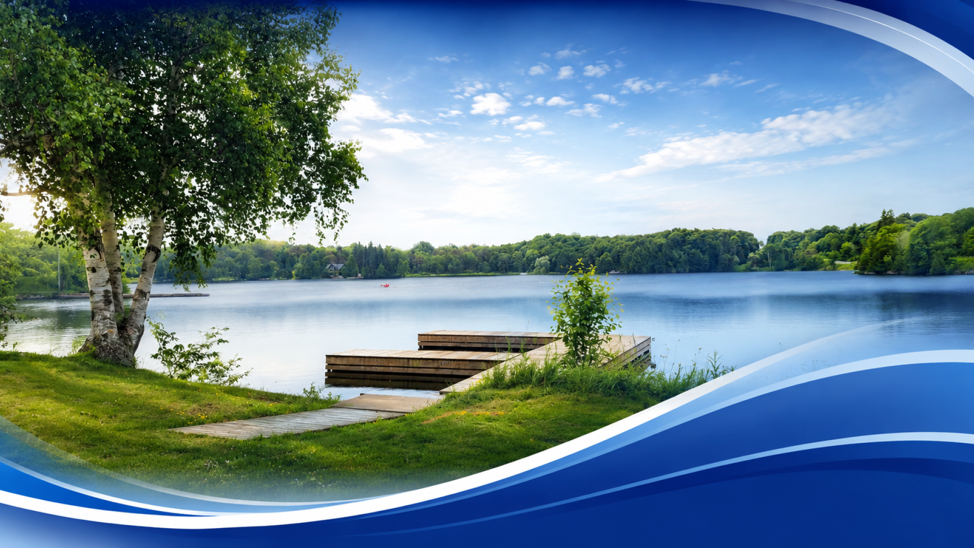 Tranquil lakeside view with graphic design