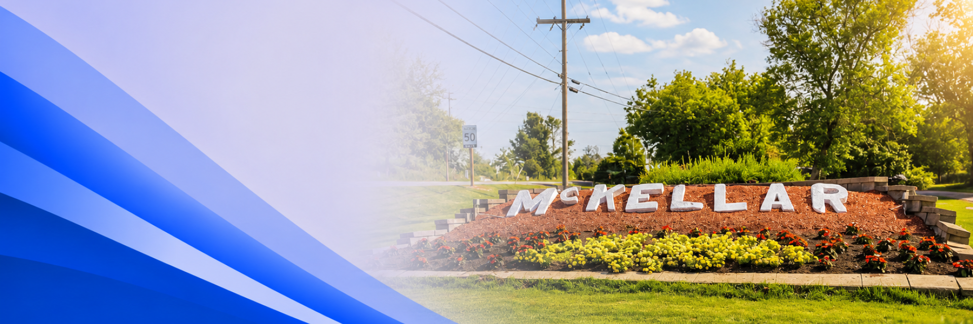 Sunny town entrance with graphic design