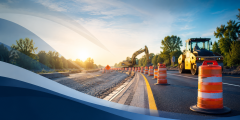 Construction zone at sunrise with curves