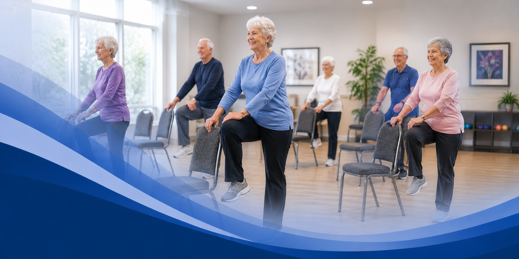 Exercise class in a bright community center